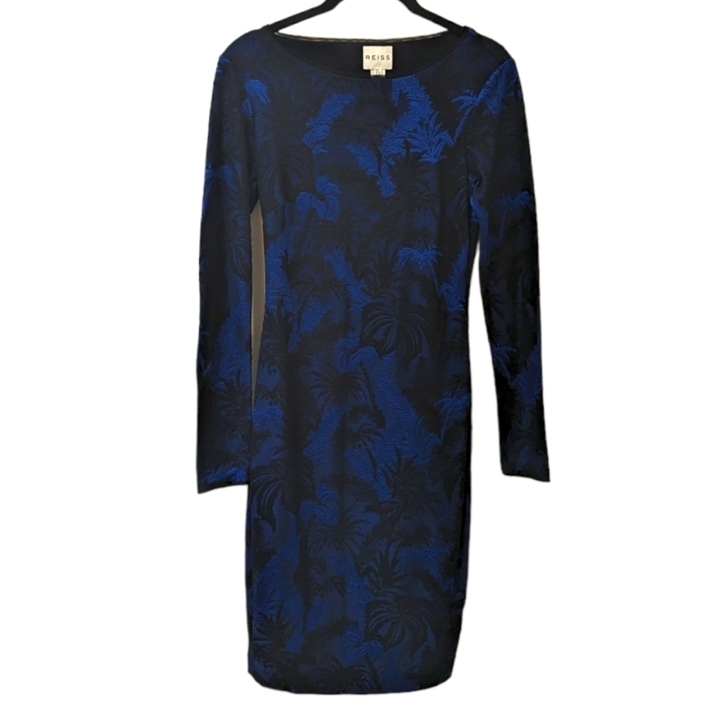 REISS Saffina Blue/Black Tropical Jacquard Jersey Bodycon Silhouette Dress (4)